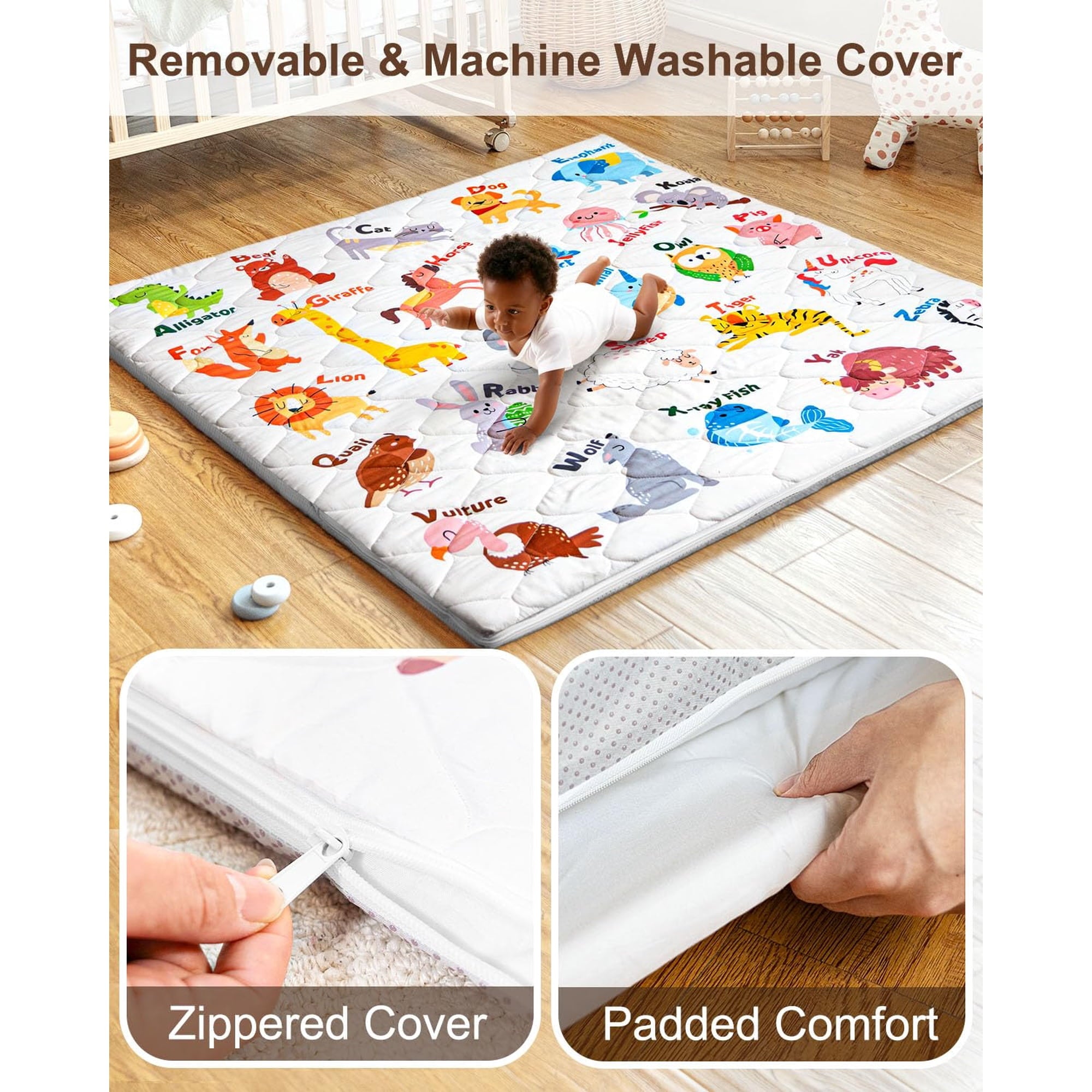 Zenkitch Baby Play Mat,Removable Washable Cover,50" × 50" ,Soft and Non-Slip for Infants and Toddlers, Suitable for Playpen and Floors
