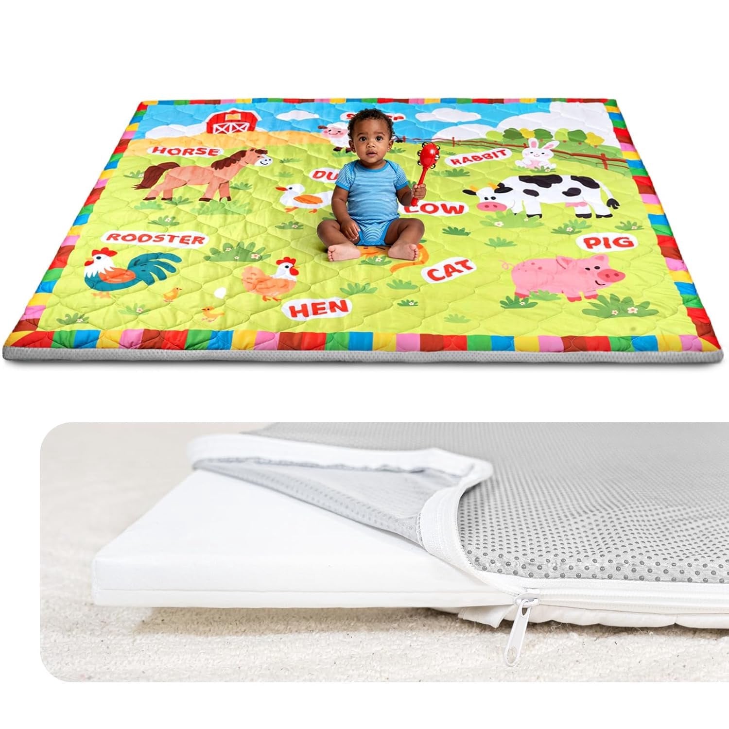 Zenkitch Baby Play Mat,Removable Washable Cover, 71" × 59", Soft and Non-Slip for Infants and Toddlers, Suitable for Playpen and Floors
